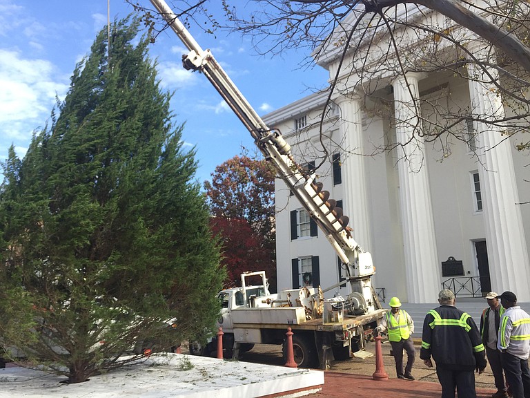 City of Jackson workers install the Christmas tree in front of City Hall. The tree, at over 25 feet tall, was cut from city-owned land behind the shooting range on McDowell Road. The City announced on Thursday afternoon that the Christmas parade had been rescheduled for Dec. 10 due to inclement weather this weekend. 