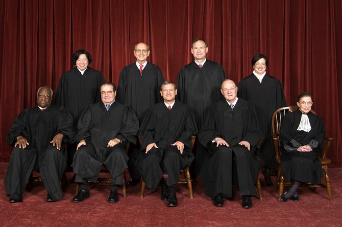 The Supreme Court of the United States: Top row (left to right): Associate Justice Sonia Sotomayor, Associate Justice Stephen G. Breyer, Associate Justice Samuel A. Alito, and Associate Justice Elena Kagan. Bottom row (left to right): Associate Justice Clarence Thomas, Associate Justice Antonin Scalia, Chief Justice John G. Roberts, Associate Justice Anthony Kennedy, and Associate Justice Ruth Bader Ginsburg. Photographed in 2010.