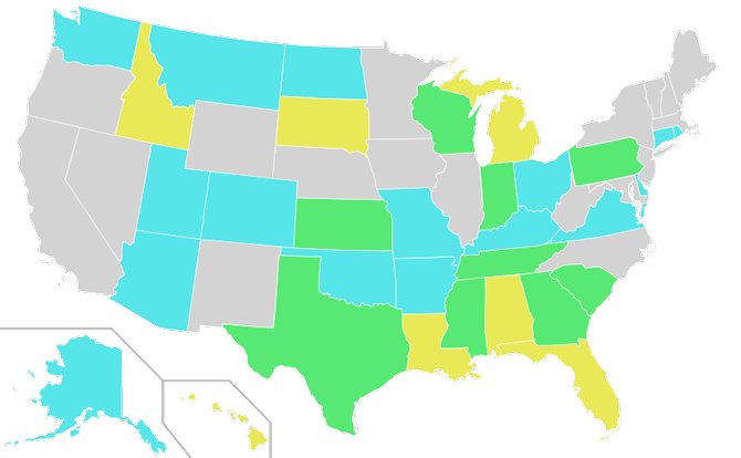 This map represents the different types of Voter Identification laws in the country. Green:States that require photo ID, Yellow:States that request photo ID, Blue: States that require non-photo ID, Gray: State with no photo ID.