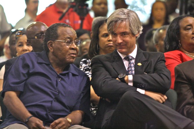 Ward 1 Councilman Quentin Whitwell, seen here on the right at the mayor's State of the City address, voted against redistricting option 1. Ward 4 Councilman Frank Bluntson, left, voted for the plan.
