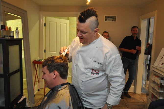 Patrick Kelly (left) and Tom Ramsey are local restaurateurs who put their hair on the line to raise money to feed families this holiday season.