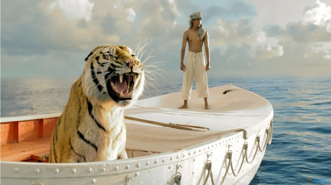 In “Life of Pi,” a tiger named Richard Parker and 16-year-old Pi (Irfan Kahn) struggle to survive—and coexist—on a lifeboat.