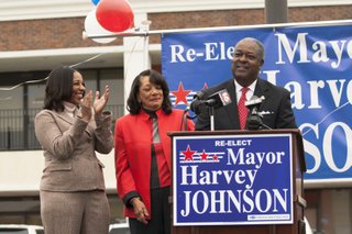 Mayor Harvey Johnson Jr. announced his campaign for reelection Saturday with his wife, Kathy, and daughter, Sharla, at his side.