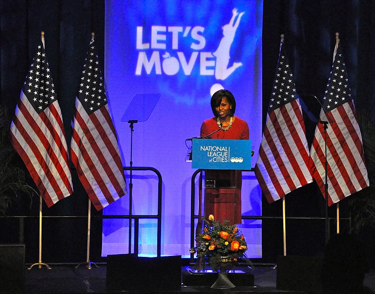 First lady Michelle Obama praised Mississippi schools for working toward healthier lunches.