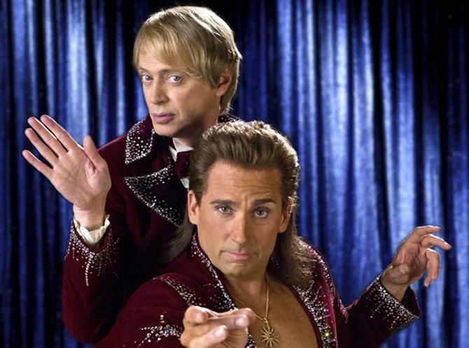 Steve Carell (front) is “The Incredible Burt Wonderstone.” Steve Buscemi costars as his sidekick, Anton Marvelous.