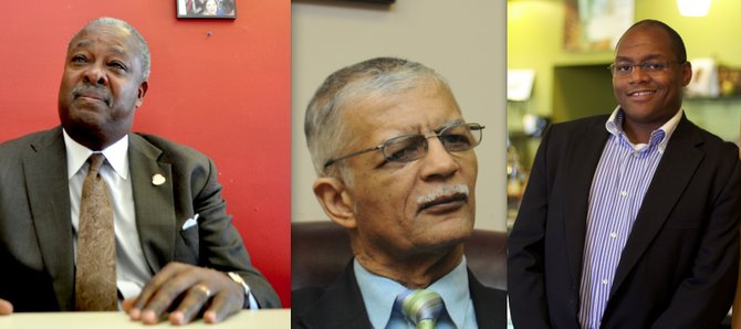 Before Jonathan Lee (right) arrived to his election night party at the Penguin restaurant in west Jackson, local stations were already declaring him the victor in the Democratic primary race for the next mayor of Jackson over second-place runner up Ward 2 Councilman Chokwe Lumumba (center) and three-term incumbent Mayor Harvey Johnson Jr. (left), who finished third.