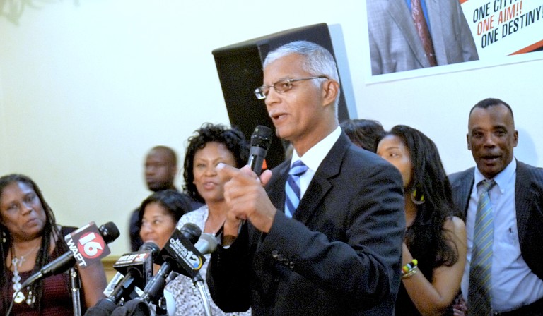 The atmosphere in the Clarion Hotel's ballroom was electric moments before Chokwe Lumumba arrived on the scene to celebrate his election victory Tuesday. Lumumba was officially Jackson's next mayor.