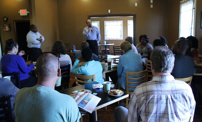 This morning, Pieter Teeuwissen (center) spoke at Friday Forum at Koinonia Coffee House on a range of topics pertinent to Jacksonians, including the Environmental Protection Agency's consent decree, much-needed water and sewer improvements and school millage rates, among other subjects.