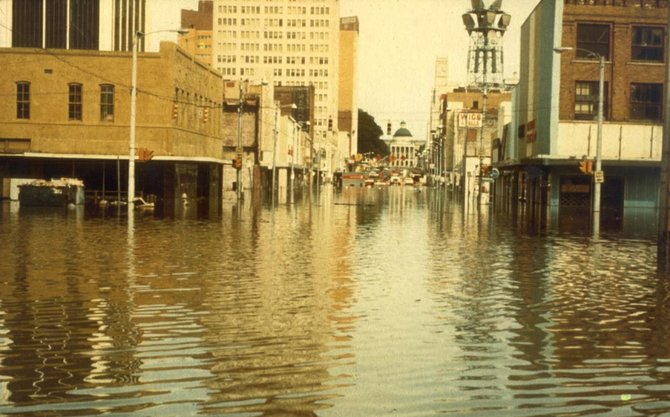 The flood stage for the Pearl River near Jackson is 28 feet. Currently, at just over 33 feet, the river doesn't come close to the Easter Flood of 1979, when the river swelled over 43 feet, flooding downtown Jackson and causing more than $1 billion in damage as calculated in today's money.