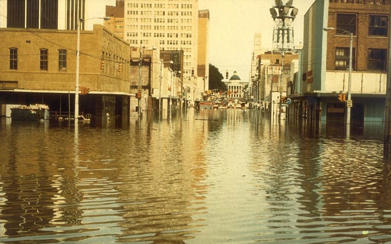 The flood stage for the Pearl River near Jackson is 28 feet. Currently, at just over 33 feet, the river doesn't come close to the Easter Flood of 1979, when the river swelled over 43 feet, flooding downtown Jackson and causing more than $1 billion in damage as calculated in today's money.