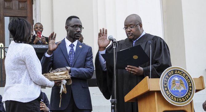 At 10 a.m. on April 24, 2014,, in Josh Halbert Gardens on the west side of City Hall, Hinds County Justice Court Judge Frank Sutton administered the oath to  Tony Yarber after remarks from Charles Tillman, the Ward 5 councilman who filled in as mayor after Lumumba's death, and a prayer from Rev. C. J. Rhodes.