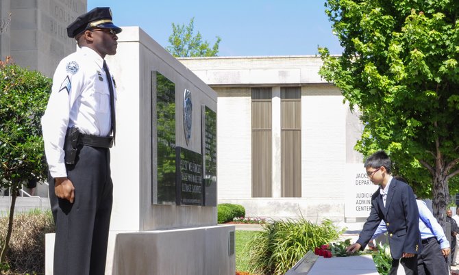 The JPD memorial was held outside of the department's headquarters downtown. Deputy Chief Dwayne Thomas served as the program officer, and Mayor Tony Yarber made special remarks to the families of the late officers.