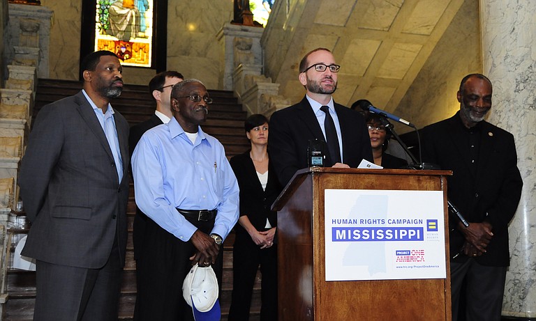 Chad Griffin, president of the Human Rights Campaign and at the microphone, is a southerner and hopes to bring equality to Mississippi and other southern states.