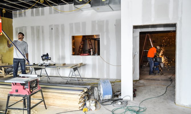 Construction on the Jackson Lost Pizza Co. in Maywood Mart is underway.