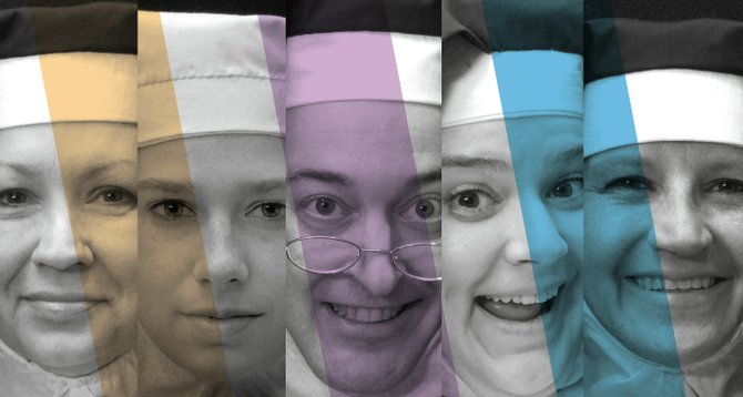 Black Rose Theatre’s production of “Nunsense” includes cast members (from left) Lynn Gibbs, Paula Ishee, Tommy Hoffman, Lauri Gregory-Trott and Samantha Gregory.