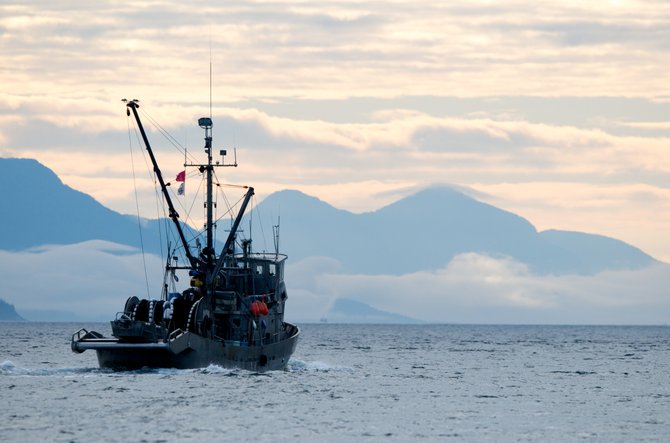 A fishing trawler searching for fluke in the Atlantic Ocean.