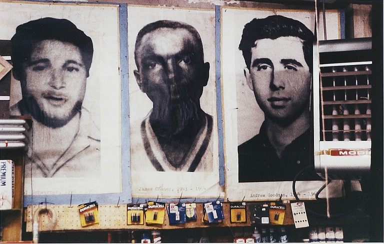 A piece included in Mississippi Museum of Art’s “Icons of Freedom” exhibit features images of James Chaney, Andrew Goodman and Michael Schwerner.