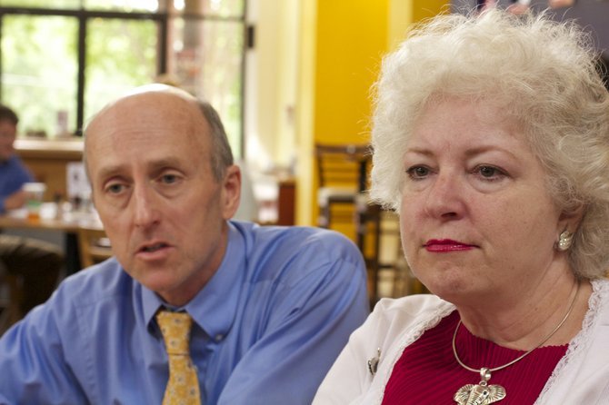 Mark Mayfield (left) and Janis Lane talk with JFP reporter R.L. Nave.