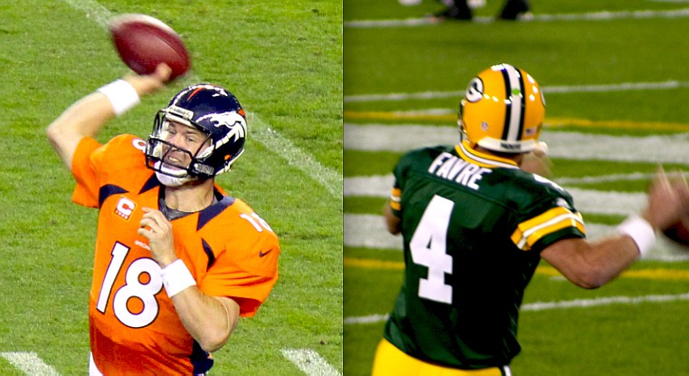 Peyton Manning (left) broke Brett Favre's (right) NFL record for touchdown passes with his 509th.