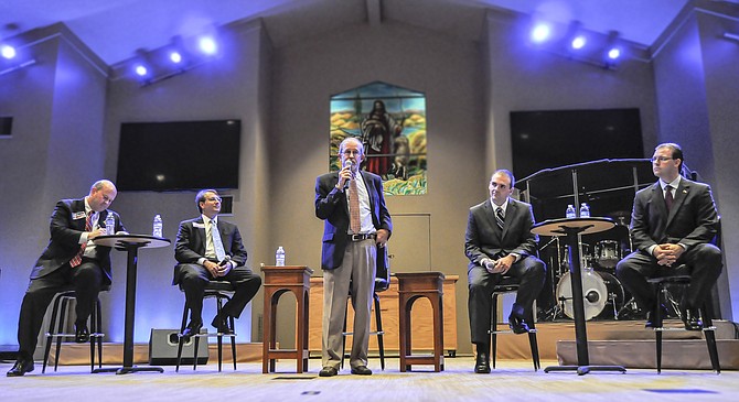 Each of the five candidates gathered to answer questions at Bellwether Church in Northeast Jackson about issues ranging from education to economic development to infrastructure. From left to right, Charles Barbour, Dorsey Carson, Ashby Foot, Richard Sellers and Amile Wilson.