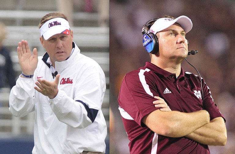Mississippi State University head coach Dan Mullen (right) leads the Bulldogs against Ole Miss and Hugh Freeze (left) in the 87th Egg Bowl, the beloved matchup of Mississippi rivals.