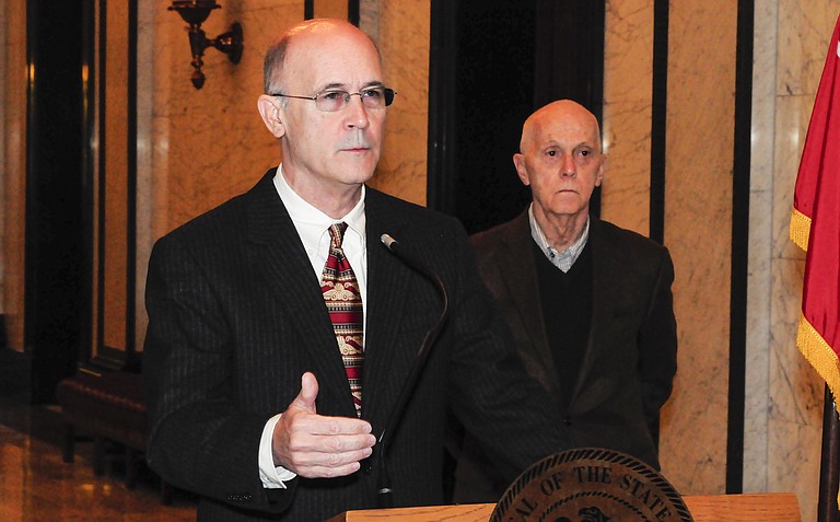 Sen. Hob Bryan, D-Amory (left), told media at the Capitol this morning that making these budget priorities must be a bipartisan effort. Rep. Cecil Brown, D-Jackson (right), opened by expressing his surprise that the budget proposal for 2015 includes cuts to all levels of education funding.