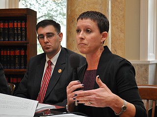 With help from a grant, some Mississippi teenagers will be educated on rape-prevention strategies, said Heather Wagner (right) of the state’s Office Against Interpersonal Violence. Rep. Andy Gipson, R-Braxton, listens.