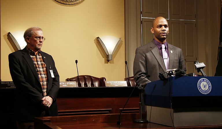 At a March 6 press conference, City Council President De’Keither (right) and Ward 1 Councilman Ashby Foote (left) vowed to investigate findings of an audit that found rampant fraud at the Water and Sewer Business Administration.