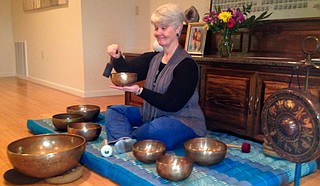 At Tara Yoga’s Restorative Yoga, Carol Parks often sets up her singing bowls to accompany the class. Photo courtesy Tara Blumenthal