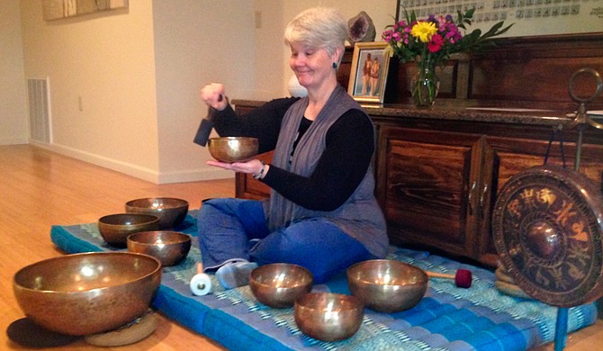 At Tara Yoga’s Restorative Yoga, Carol Parks often sets up her singing bowls to accompany the class. Photo courtesy Tara Blumenthal