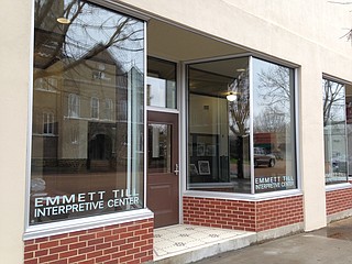 The Emmett Till Interpretive Center, housed in a glass-front former grocery store, currently houses a traveling exhibit from Delta State University that contains large, silk-screen panels detailing the 1955 trial based on newspaper accounts and a short introductory film about the trial. Photo courtesy Patrick Weems