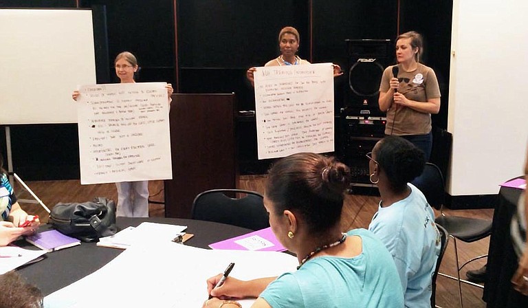 Wanaki McDuffy (center) says she’s living proof that women often get paid less than men for the same work.  A new campaign called the Mississippi Women’s Economic Security Initiative and women like Carol Burnett (far left) and Julie Kuklinski (far right) hope to change that. Photo courtesy Emerald Alexis Ware
