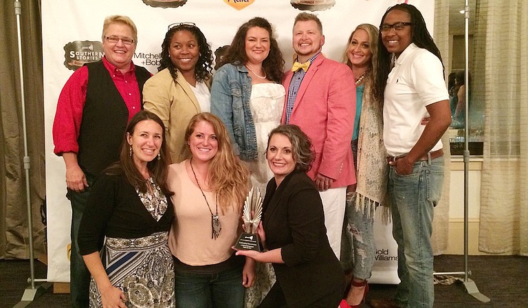 Cast members from “L Word Mississippi: Hate the Sin” pose with field producer Jaimie Cohen (bottom row, far left) and their GLAAD media award for “Outstanding Documentary.” Photo courtesy Arielle Dreher