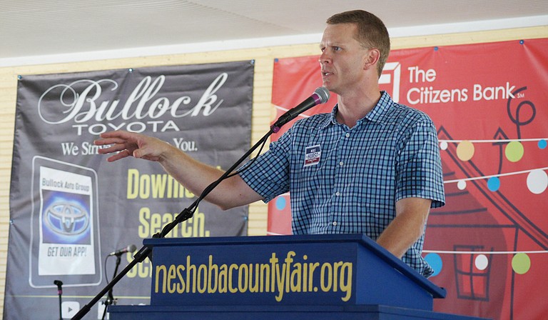 Mike Hurst, Republican candidate for Mississippi attorney general, speaking on Wednesday July 29, 2015 at the Neshoba County Fair.