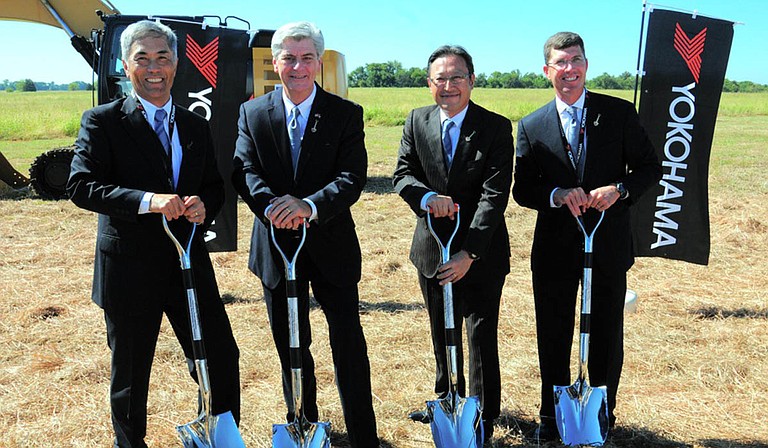 From Left: Hikomitsu Noji, President, Yokohama Tire Corporation; Governor Phil Bryant; Tadaharu Yamamoto, President, Yokohama Tire Manufacturing Mississippi and Brent Christensen, Director, Mississippi Development Authority at the groundbreaking of the Yokohama Tire Manufacturing Facility in West Point. Photo courtesy Mississippi Development Authority