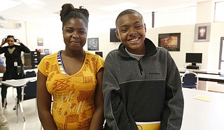 Jameeka Smith (left) and Carson Crump (right) are both juniors in the Audio/TV Broadcasting Technology course at the JPS Career and Development Center.