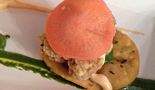 Mache (spinach purée), a fried oyster, sesame crema and a scallion pancake made up the amuse boucle at the pop-up Stäge dinner.