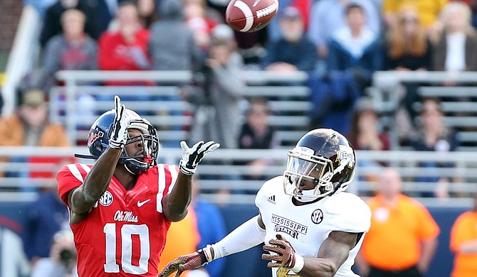 Former University of Mississippi Rebels wide receiver Vince Sanders (left) attended the Jackson Combine on Jan. 29. Photo courtesy Joshua McCoy/University of Mississippi Athletics