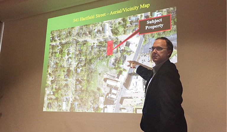Attorney Robert Hutchison points out the property on Hartfield where the alternative entrance will be for the Jackson Planning Commission. Photo courtesy Tim Summers Jr.