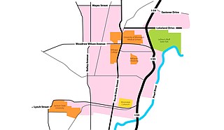 The Capitol Complex project will benefit a large section of downtown, as well as the University of Mississippi Medical Center, Jackson State University, Fondren and Belhaven. Affected areas are colored in pink. Photo courtesy Kristin Brenemen