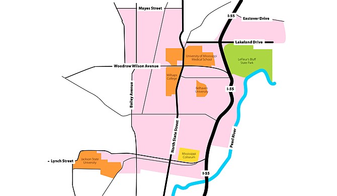 The Capitol Complex project will benefit a large section of downtown, as well as the University of Mississippi Medical Center, Jackson State University, Fondren and Belhaven. Affected areas are colored in pink. Photo courtesy Kristin Brenemen