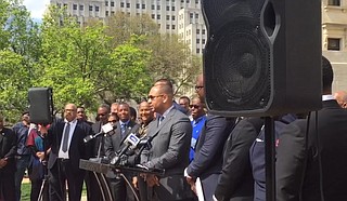 Attorney Carlos Moore spoke at the #StraightOuttaPatience rally at the State Capitol, calling on Gov. Phil Bryant to change the state flag. Photo courtesy Onelia Hawa