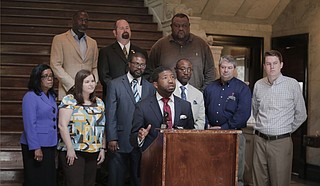 Rev. CJ Rhodes, who is president of Clergy for Prison Reform, speaks at the Mississippi Capitol on Wednesday, March 16, 2016, calling for an overhaul of incarceration practices in the state.