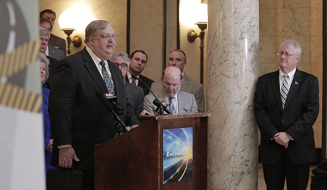 Blake Wilson, CEO of the Mississippi Economic Council, spoke in favor of the Senate’s transportation bond bill at the Capitol, which could create a way for lawmakers to fund the state’s crumbling infrastructure.