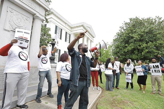 The Mississippi Alliance of State Workers, city workers and community organizers held a rally in front of City Hall today to protest the city-mandated furloughs implemented last October.