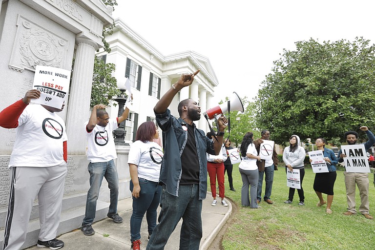The Mississippi Alliance of State Workers, city workers and community organizers held a rally in front of City Hall today to protest the city-mandated furloughs implemented last October.