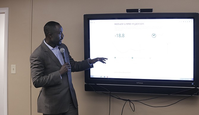 Mayor Tony Yarber pointed out his favorite parts of the City's new data portal, including a section of the site that lets citizens track road-work projects such as pothole repair.