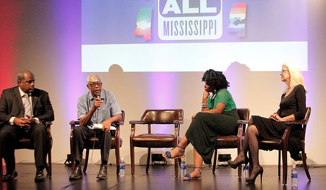 From L-R, Erik Fleming, Bro. Hollis Watkins, Bro, Abram Muhammad, Aunjanue Ellis and Cynthia Newhall led a discussion on race and moving past Mississippi's painful past.