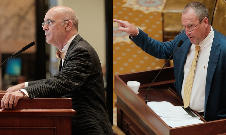 Sen. Hob Bryan (left), D-Amory, asked for answers from the governor's office on the Senate floor about why budget holes and their cause were not addressed sooner in the session. Rep. Herb Frierson (right), R-Poplarville, told House members that the governor can only use SB 2001 to spend the money that the Legislature appropriated in their fiscal-year 2016 budget.