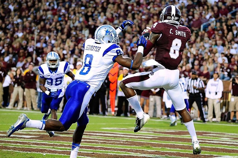 Chris Smith, receiver for Mississippi State from 2008-2012, is ranked 10th overall in the team's history.